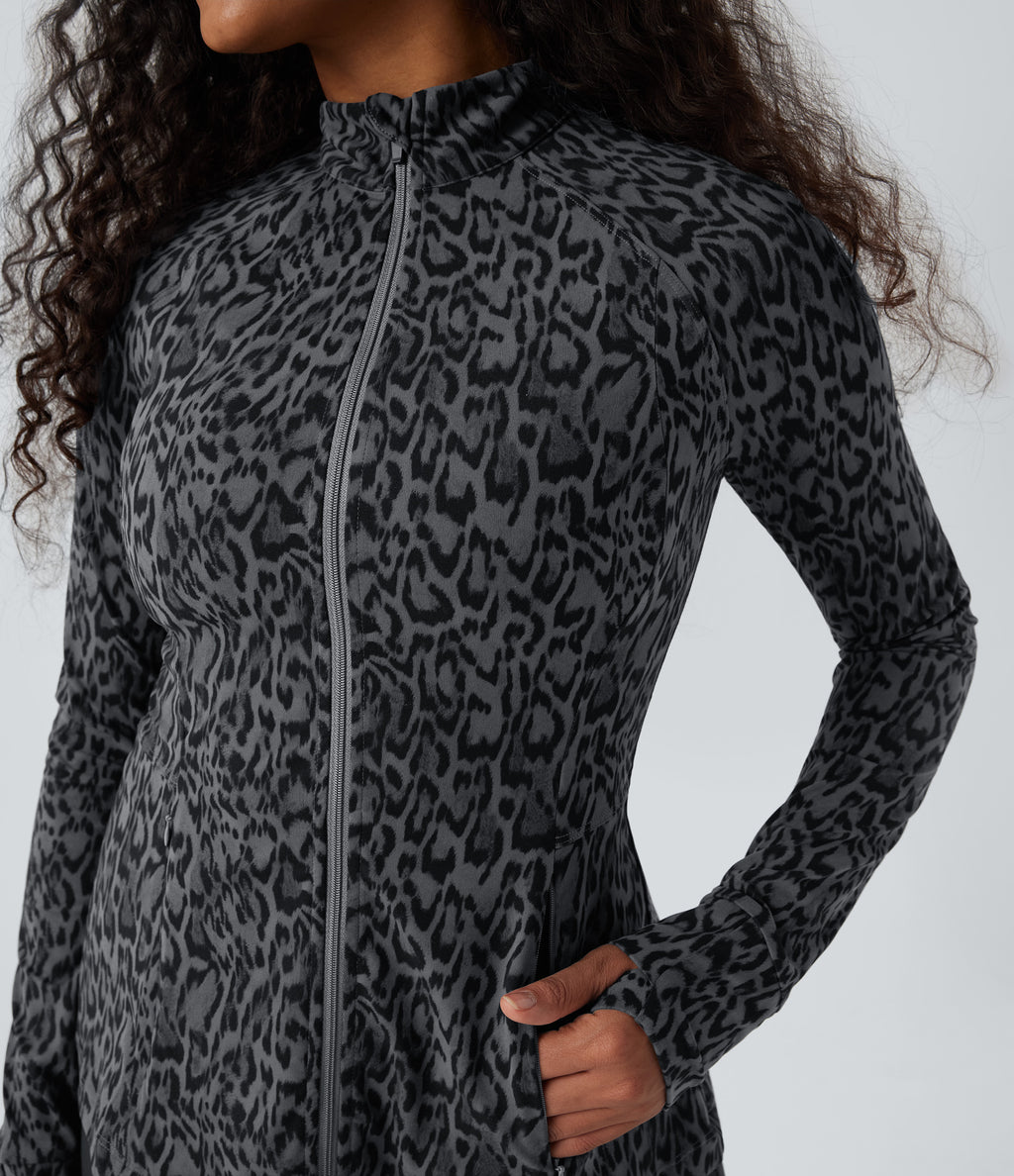 Leopard Print Stand Collar Long Sleeve Thumb Hole Casual Jacket with Pockets — Shadow Leopard — view 4