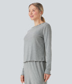 Ribbed Knit Pointelle Boat Neck Long Sleeve Lettuce Trim Lounge Top — Granite Mist — view 3