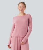 Ribbed Knit Pointelle Boat Neck Long Sleeve Lettuce Trim Lounge Top — Rose Elegance — view 6