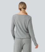 Ribbed Knit Pointelle Boat Neck Long Sleeve Lettuce Trim Lounge Top — Granite Mist — view 2
