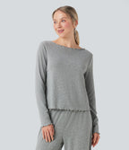 Ribbed Knit Pointelle Boat Neck Long Sleeve Lettuce Trim Lounge Top — Granite Mist — view 1