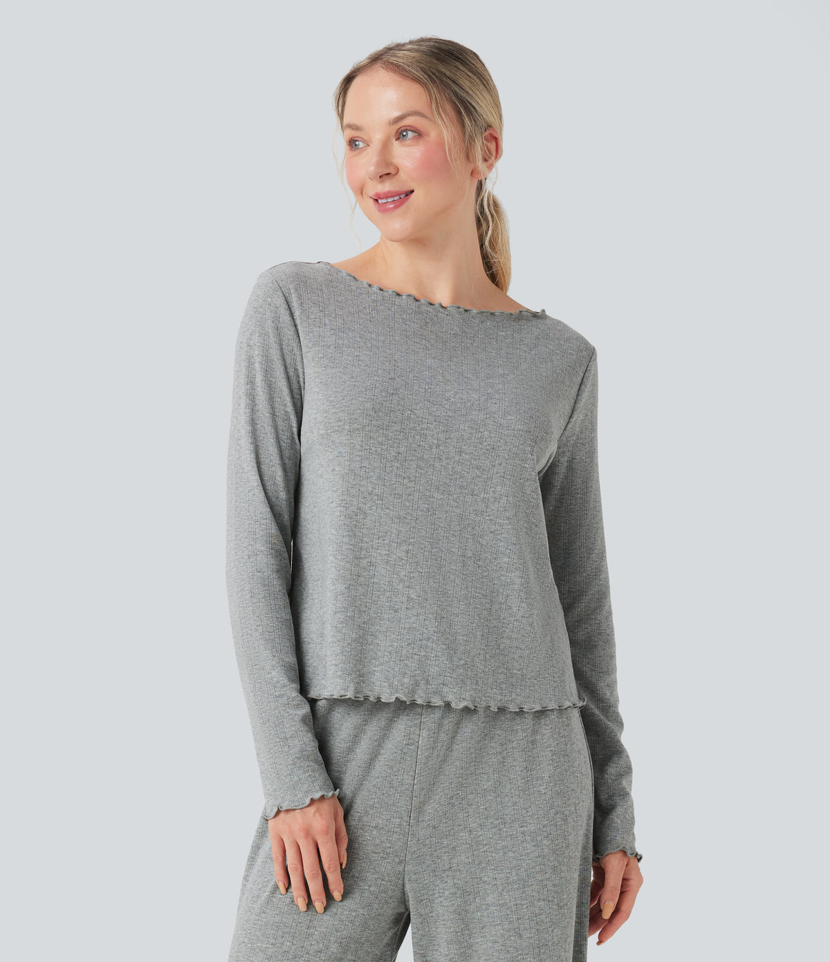Ribbed Knit Pointelle Boat Neck Long Sleeve Lettuce Trim Lounge Top — Granite Mist — view 1