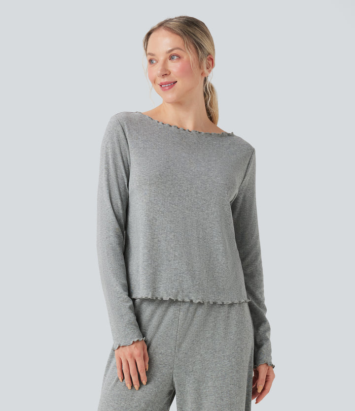 Ribbed Knit Pointelle Boat Neck Long Sleeve Lettuce Trim Lounge Top — Granite Mist — view 1