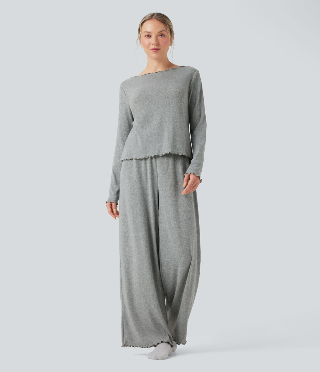 Ribbed Knit Pointelle Boat Neck Long Sleeve Lettuce Trim Lounge Top — Granite Mist — view 5