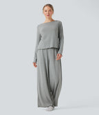 Ribbed Knit Pointelle Boat Neck Long Sleeve Lettuce Trim Lounge Top — Granite Mist — view 5