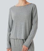 Ribbed Knit Pointelle Boat Neck Long Sleeve Lettuce Trim Lounge Top — Granite Mist — view 4