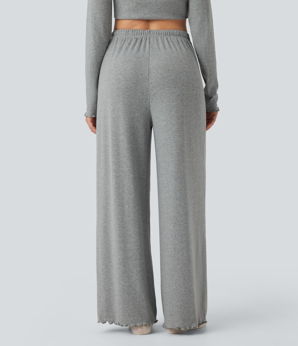 Ribbed Knit Pointelle High Waisted Drawstring Lettuce Trim Straight Leg Lounge Trousers — Granite Mist — view 3