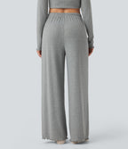 Ribbed Knit Pointelle High Waisted Drawstring Lettuce Trim Straight Leg Lounge Trousers — Granite Mist — view 3
