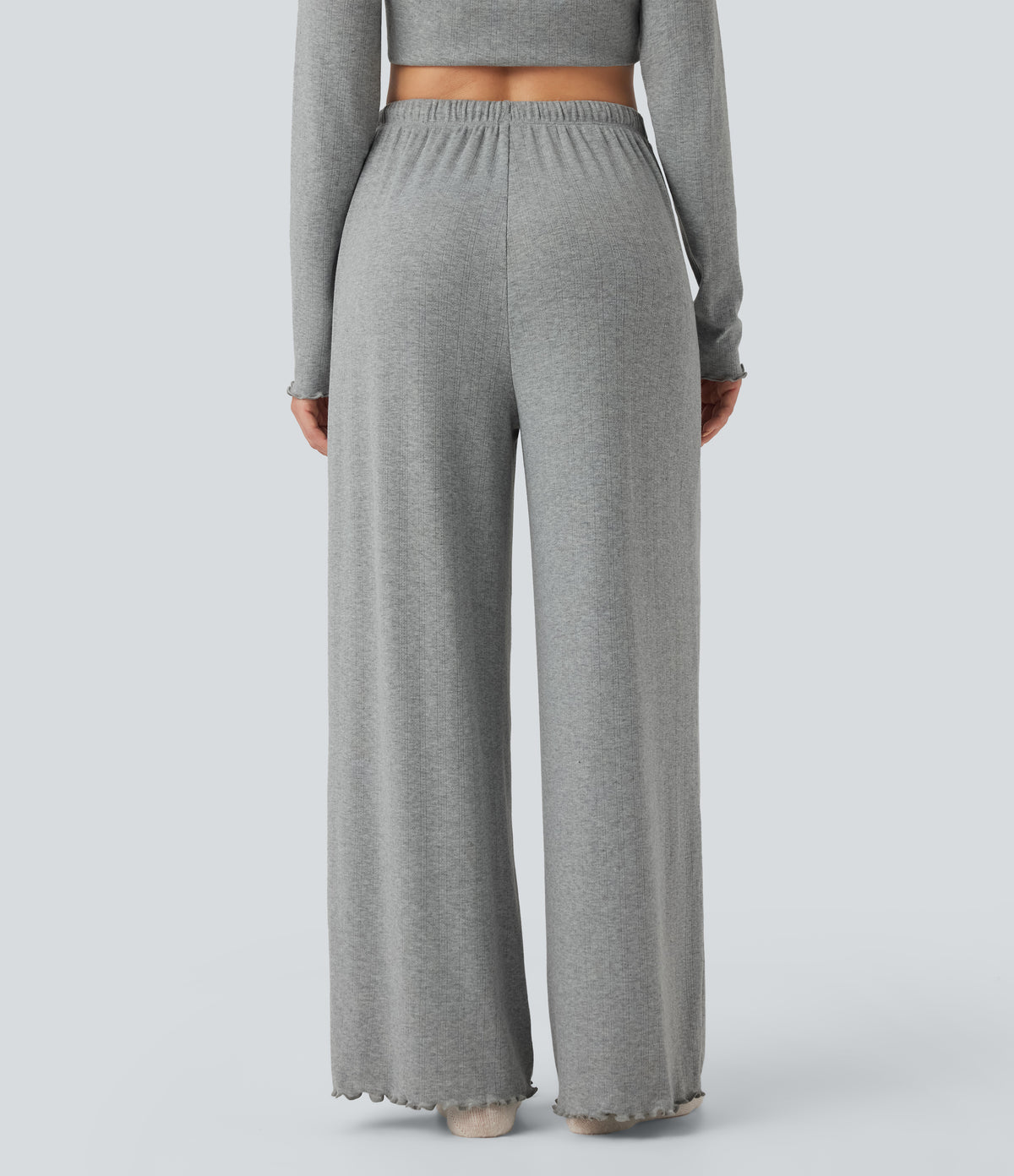 Ribbed Knit Pointelle High Waisted Drawstring Lettuce Trim Straight Leg Lounge Trousers — Granite Mist — view 3