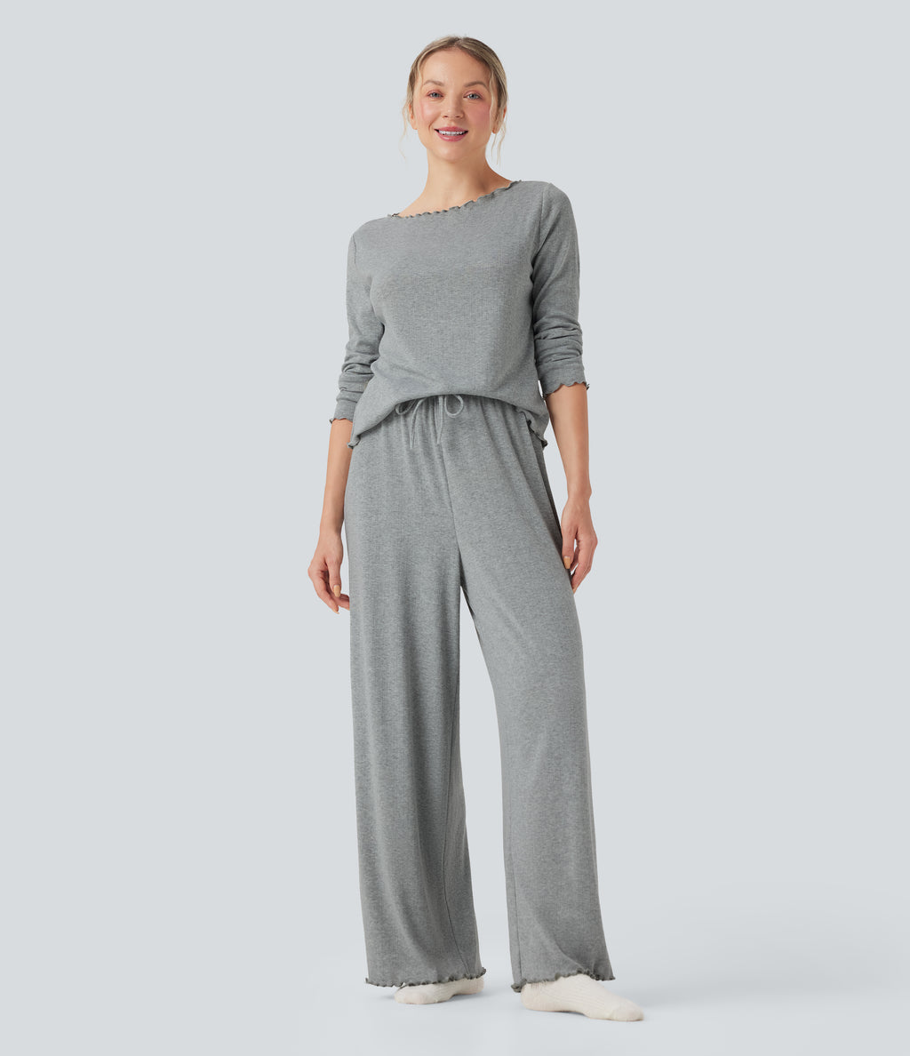 Ribbed Knit Pointelle High Waisted Drawstring Lettuce Trim Straight Leg Lounge Trousers — Granite Mist — view 1