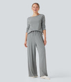 Ribbed Knit Pointelle High Waisted Drawstring Lettuce Trim Straight Leg Lounge Trousers — Granite Mist — view 1