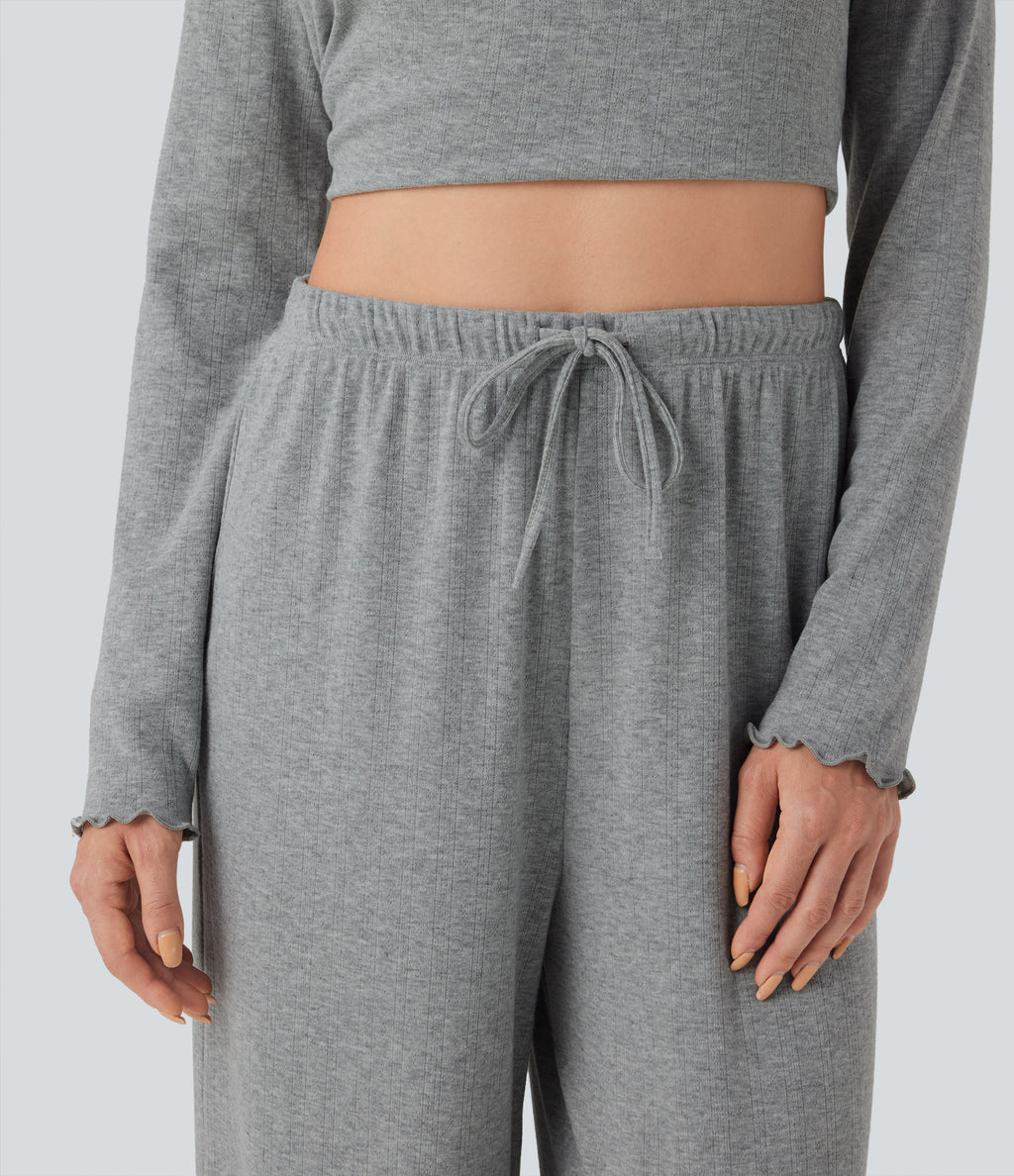 Ribbed Knit Pointelle High Waisted Drawstring Lettuce Trim Straight Leg Lounge Trousers — Granite Mist — view 5