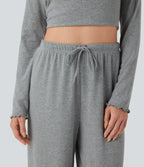 Ribbed Knit Pointelle High Waisted Drawstring Lettuce Trim Straight Leg Lounge Trousers — Granite Mist — view 5
