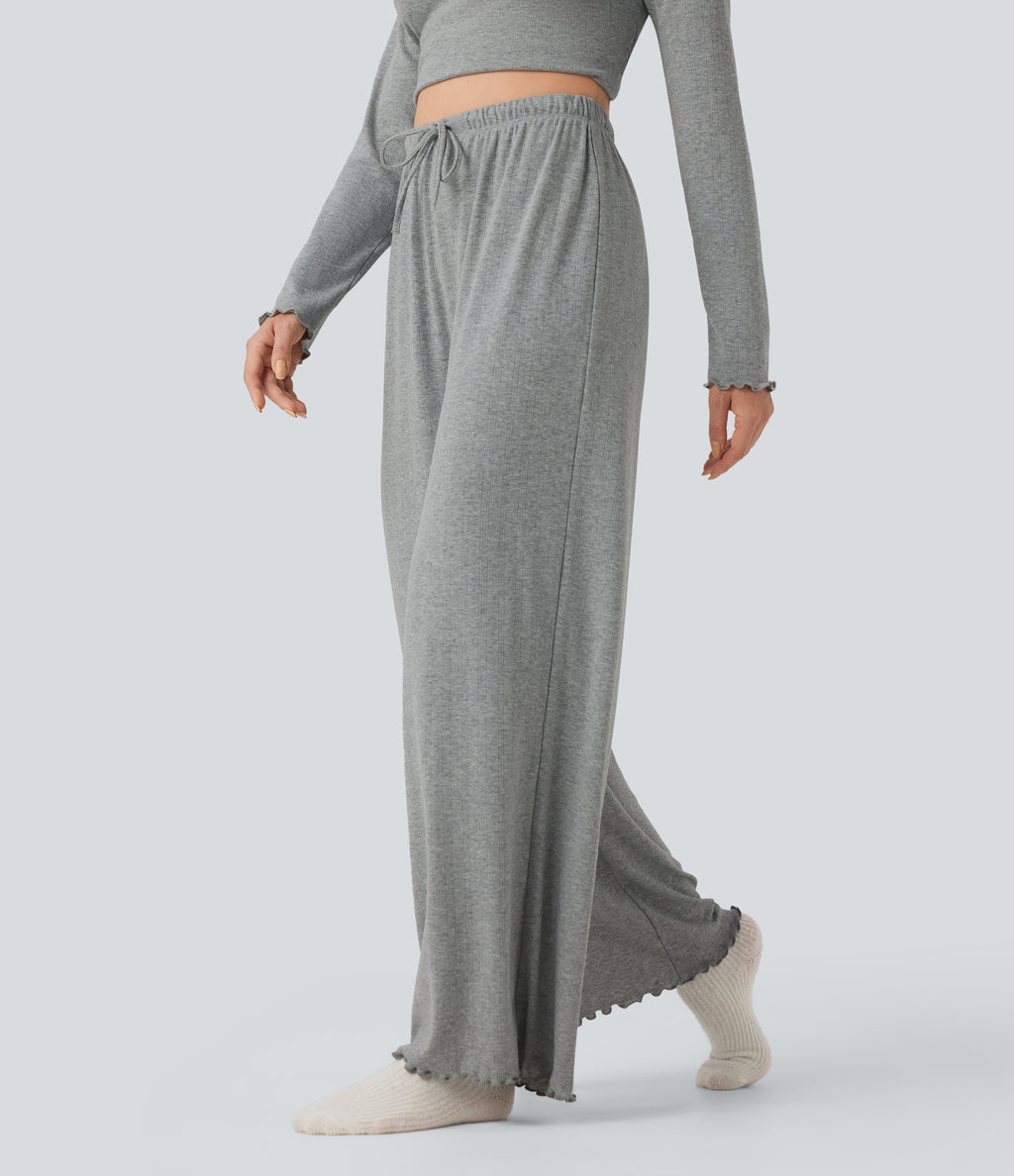 Ribbed Knit Pointelle High Waisted Drawstring Lettuce Trim Straight Leg Lounge Trousers — Granite Mist — view 4