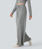 Ribbed Knit Pointelle High Waisted Drawstring Lettuce Trim Straight Leg Lounge Trousers — Granite Mist — view 4