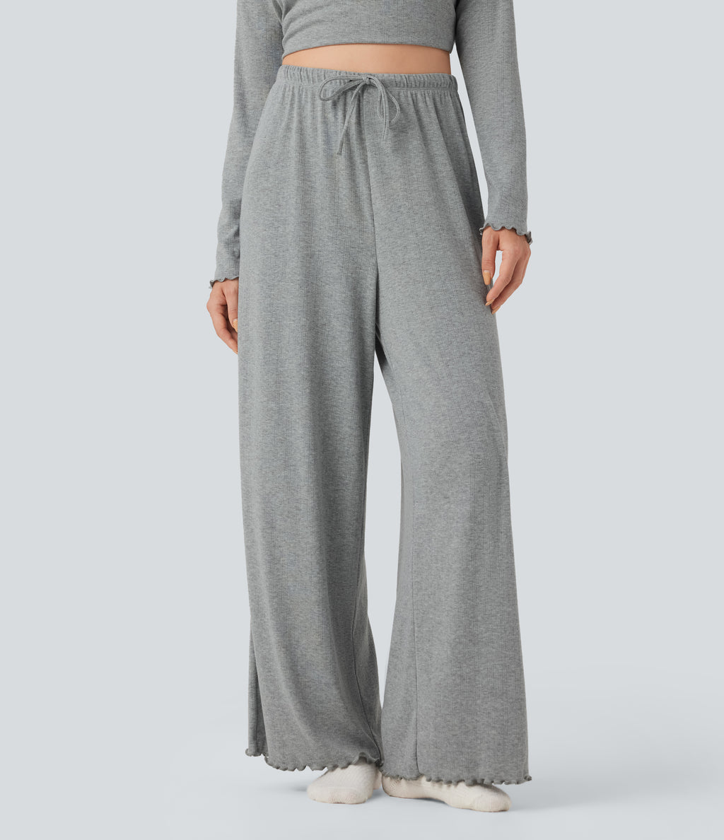 Ribbed Knit Pointelle High Waisted Drawstring Lettuce Trim Straight Leg Lounge Trousers — Granite Mist — view 2