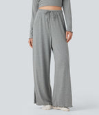 Ribbed Knit Pointelle High Waisted Drawstring Lettuce Trim Straight Leg Lounge Trousers — Granite Mist — view 2