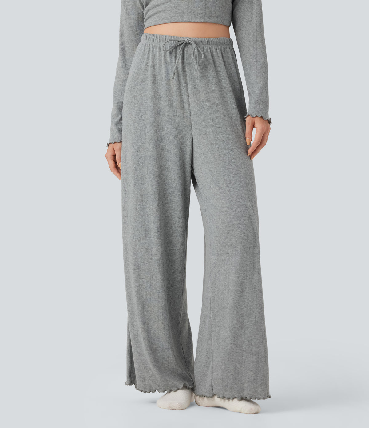 Ribbed Knit Pointelle High Waisted Drawstring Lettuce Trim Straight Leg Lounge Trousers — Granite Mist — view 2