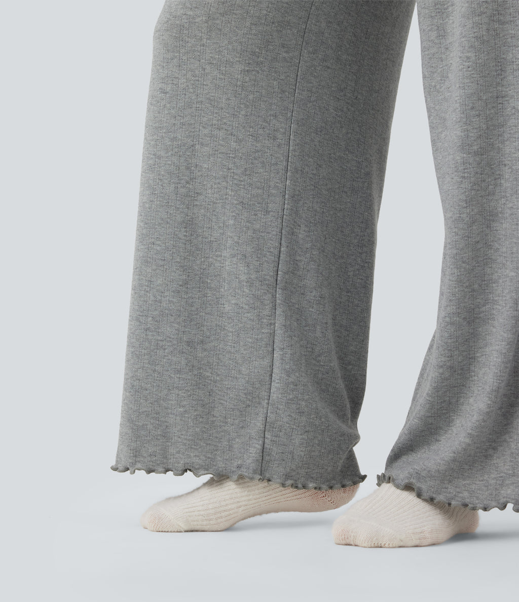 Ribbed Knit Pointelle High Waisted Drawstring Lettuce Trim Straight Leg Lounge Trousers — Granite Mist — view 6