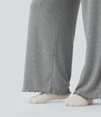 Ribbed Knit Pointelle High Waisted Drawstring Lettuce Trim Straight Leg Lounge Trousers — Granite Mist — view 6