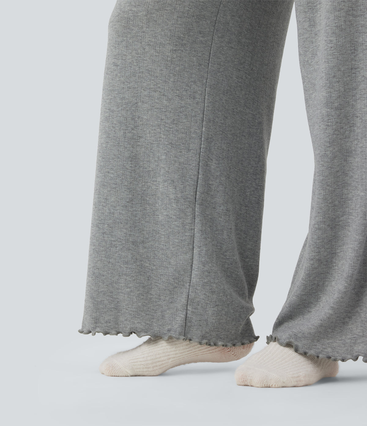 Ribbed Knit Pointelle High Waisted Drawstring Lettuce Trim Straight Leg Lounge Trousers — Granite Mist — view 6