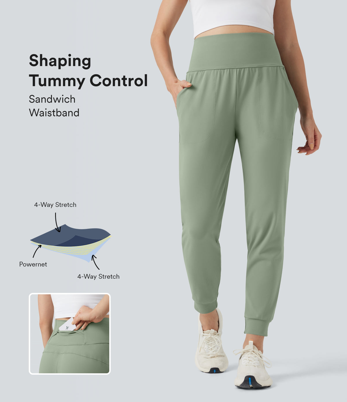 Mid Rise Tummy Control Running Joggers with Pockets — Asparagus — view 1