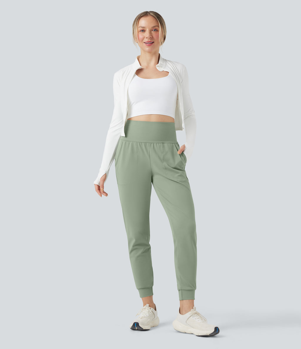 Mid Rise Tummy Control Running Joggers with Pockets — Asparagus — view 7