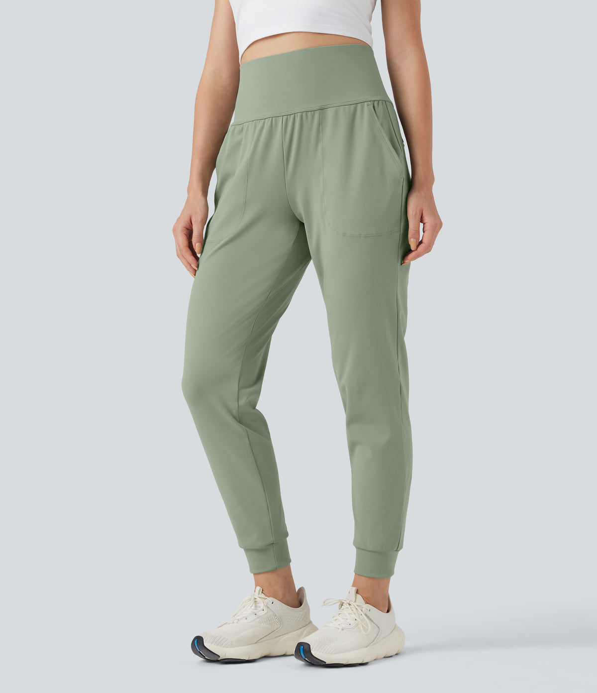 Mid Rise Tummy Control Running Joggers with Pockets — Asparagus — view 3