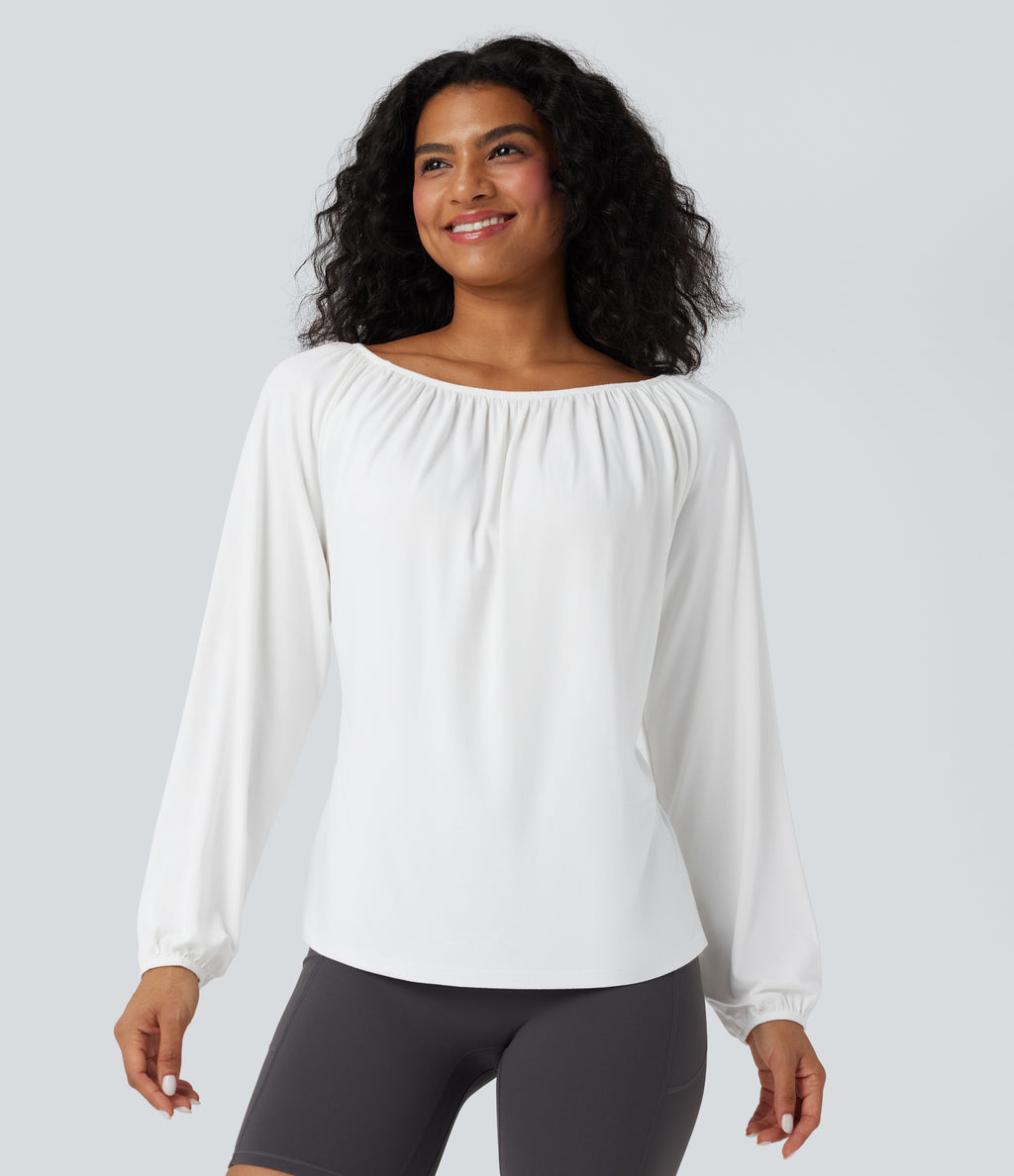 One Shoulder Long Sleeve Yoga Sports Top — White — view 2