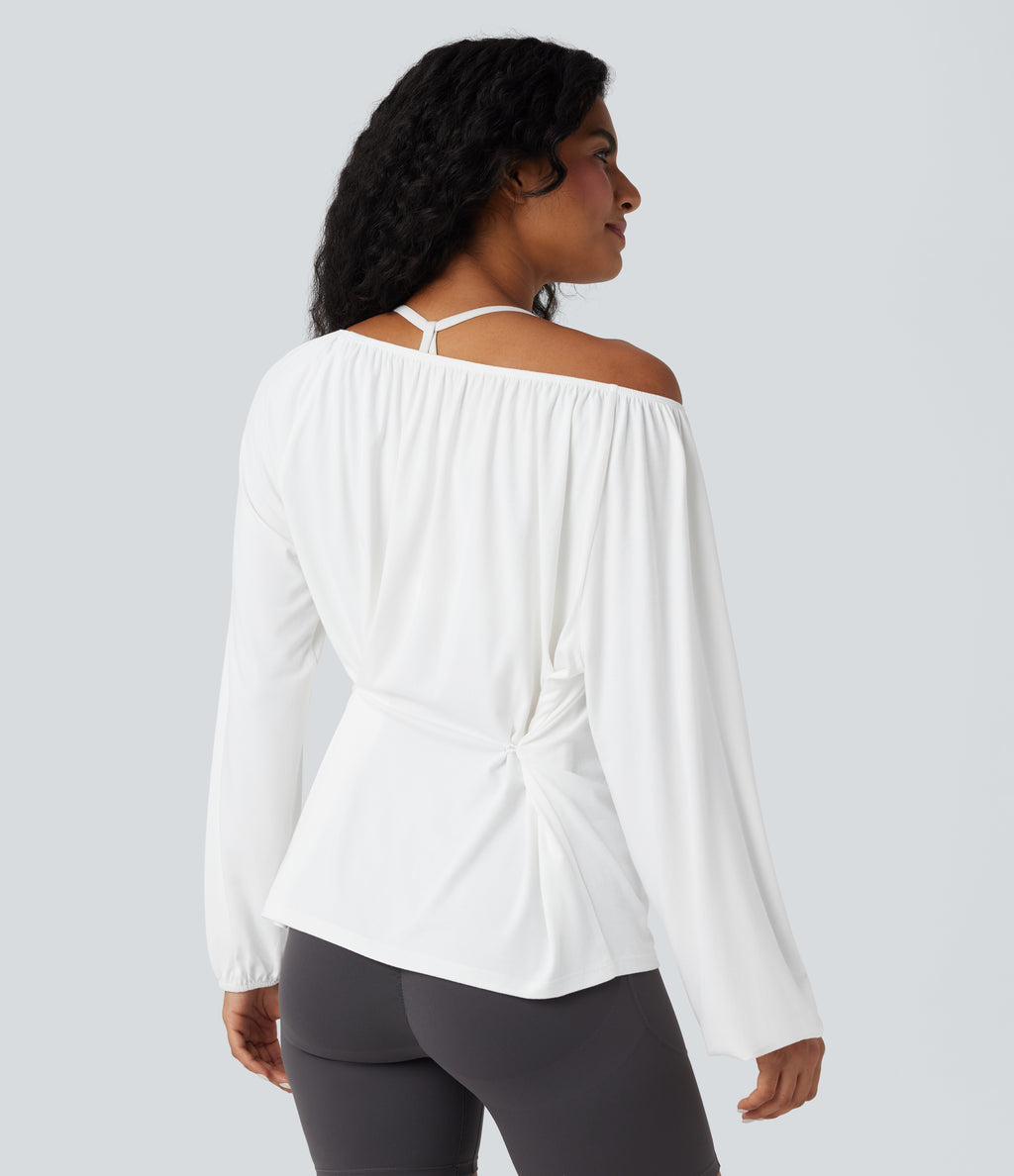 One Shoulder Long Sleeve Yoga Sports Top — White — view 3