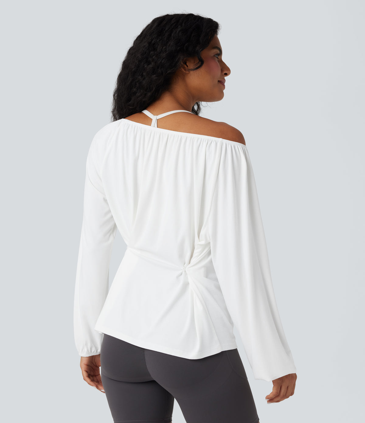 One Shoulder Long Sleeve Yoga Sports Top — White — view 3