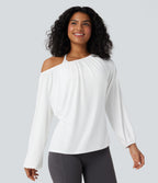 One Shoulder Long Sleeve Yoga Sports Top — White — view 5