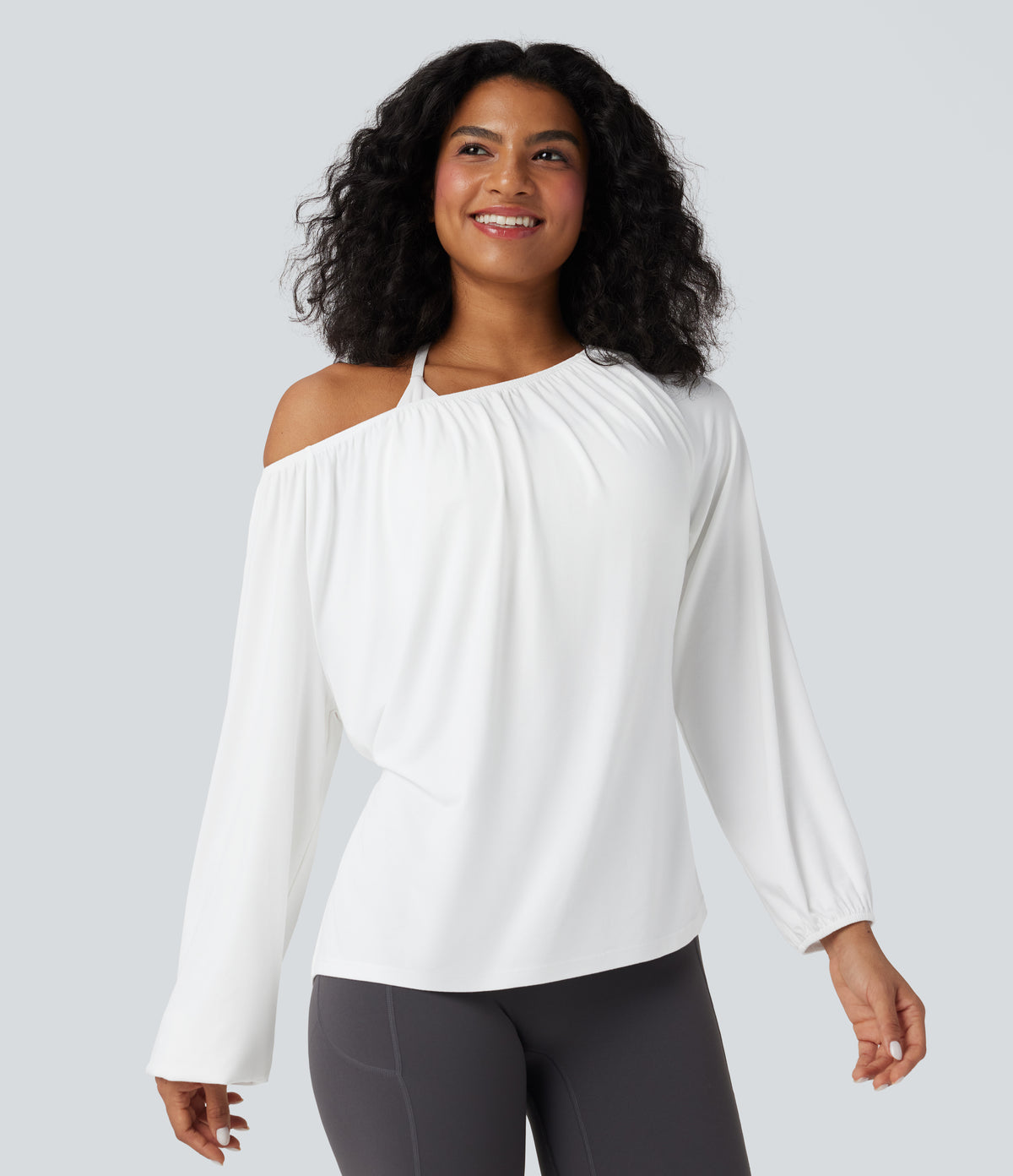 One Shoulder Long Sleeve Yoga Sports Top — White — view 5
