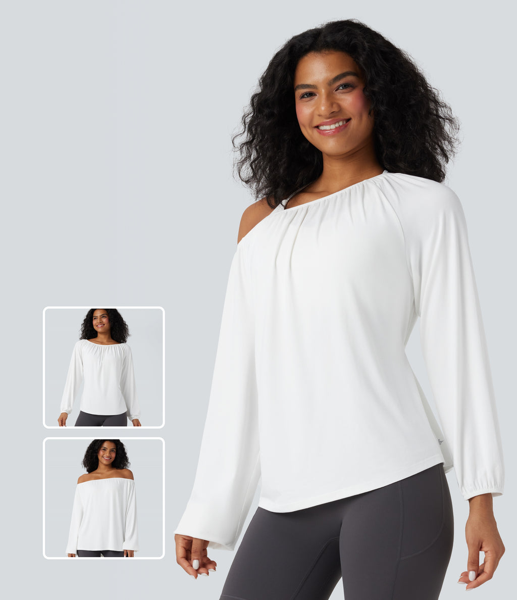 One Shoulder Long Sleeve Yoga Sports Top — White — view 1