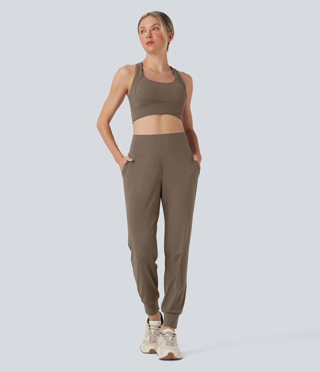 High Waisted Tummy Control Yoga Joggers with Pockets — Dawn Brown — view 6