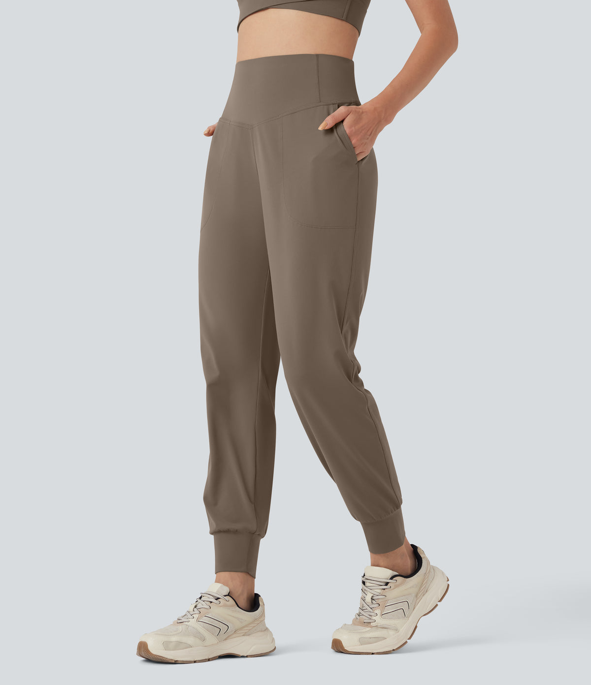 High Waisted Tummy Control Yoga Joggers with Pockets — Dawn Brown — view 3