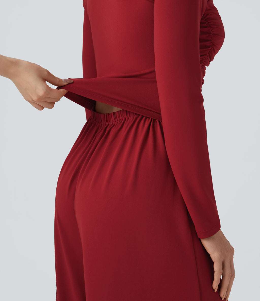 Sweetheart Neck Long Sleeve Ruched Casual Jumpsuit with Pockets-Edition — Emboldened — view 5