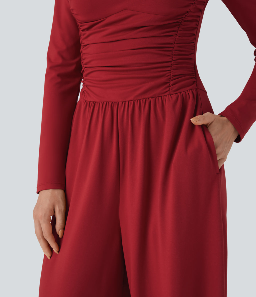 Sweetheart Neck Long Sleeve Ruched Casual Jumpsuit with Pockets-Edition — Emboldened — view 6