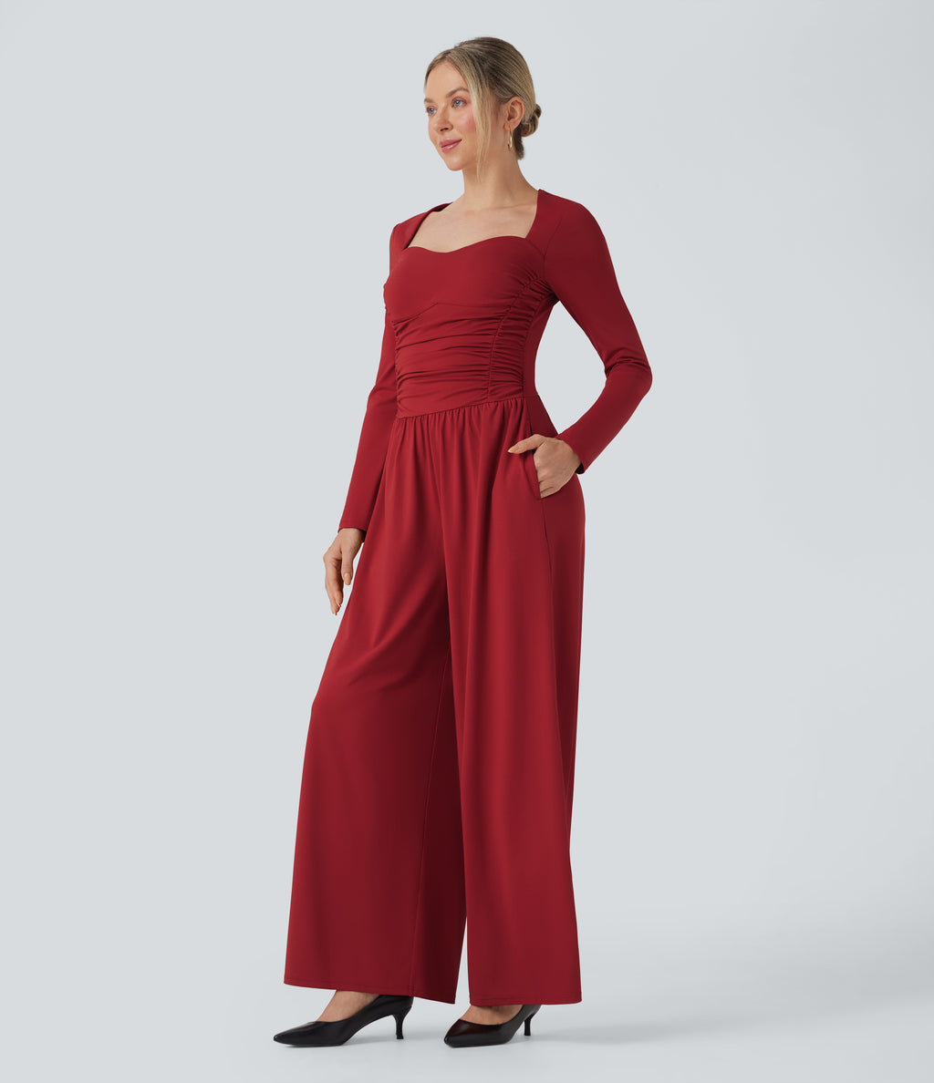 Sweetheart Neck Long Sleeve Ruched Casual Jumpsuit with Pockets-Edition — Emboldened — view 3