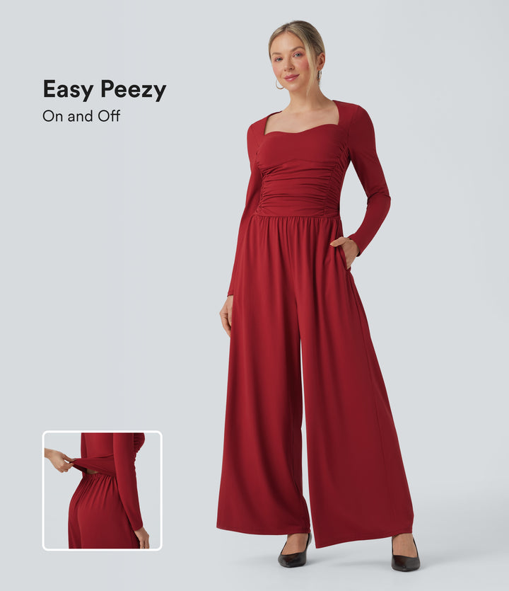 Sweetheart Neck Long Sleeve Ruched Casual Jumpsuit with Pockets-Edition — Emboldened — view 1