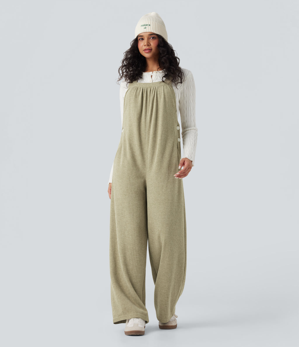 Ribbed Square Neck Fleece Casual Dungarees with Pockets — Gray Green — view 7