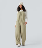 Ribbed Square Neck Fleece Casual Dungarees with Pockets — Gray Green — view 7