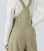Ribbed Square Neck Fleece Casual Dungarees with Pockets — Gray Green — view 5