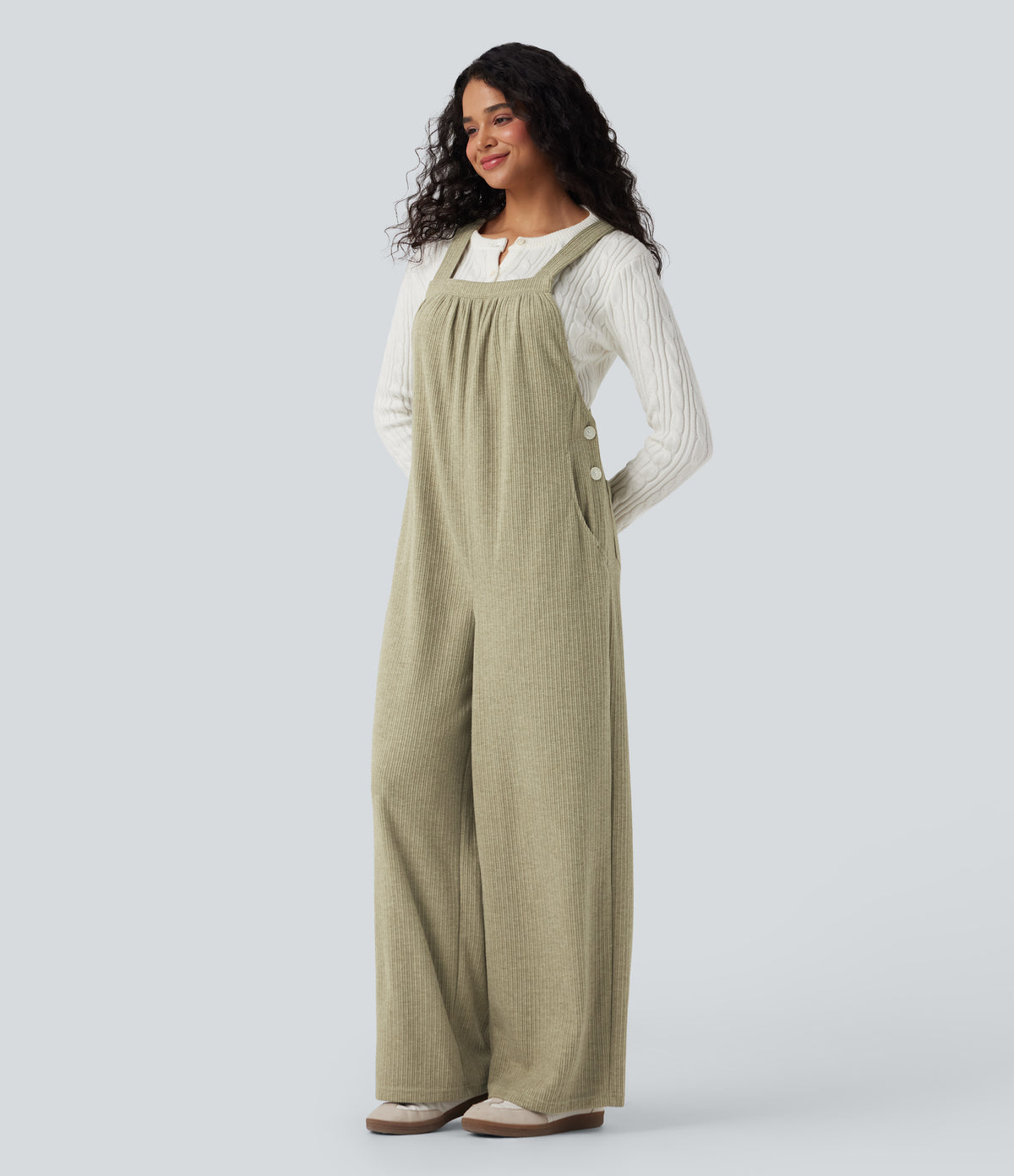 Ribbed Square Neck Fleece Casual Dungarees with Pockets — Gray Green — view 3