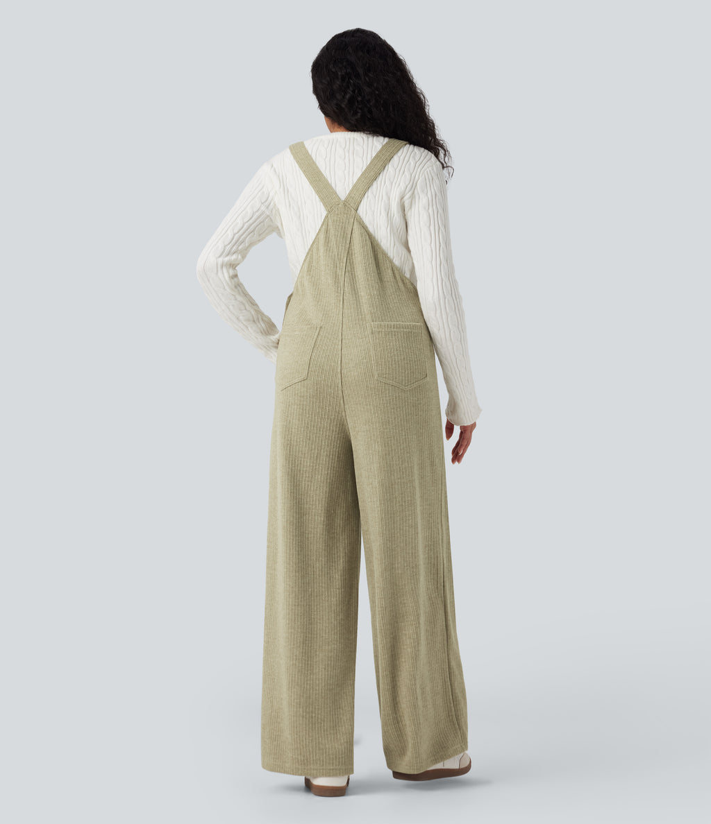 Ribbed Square Neck Fleece Casual Dungarees with Pockets — Gray Green — view 2