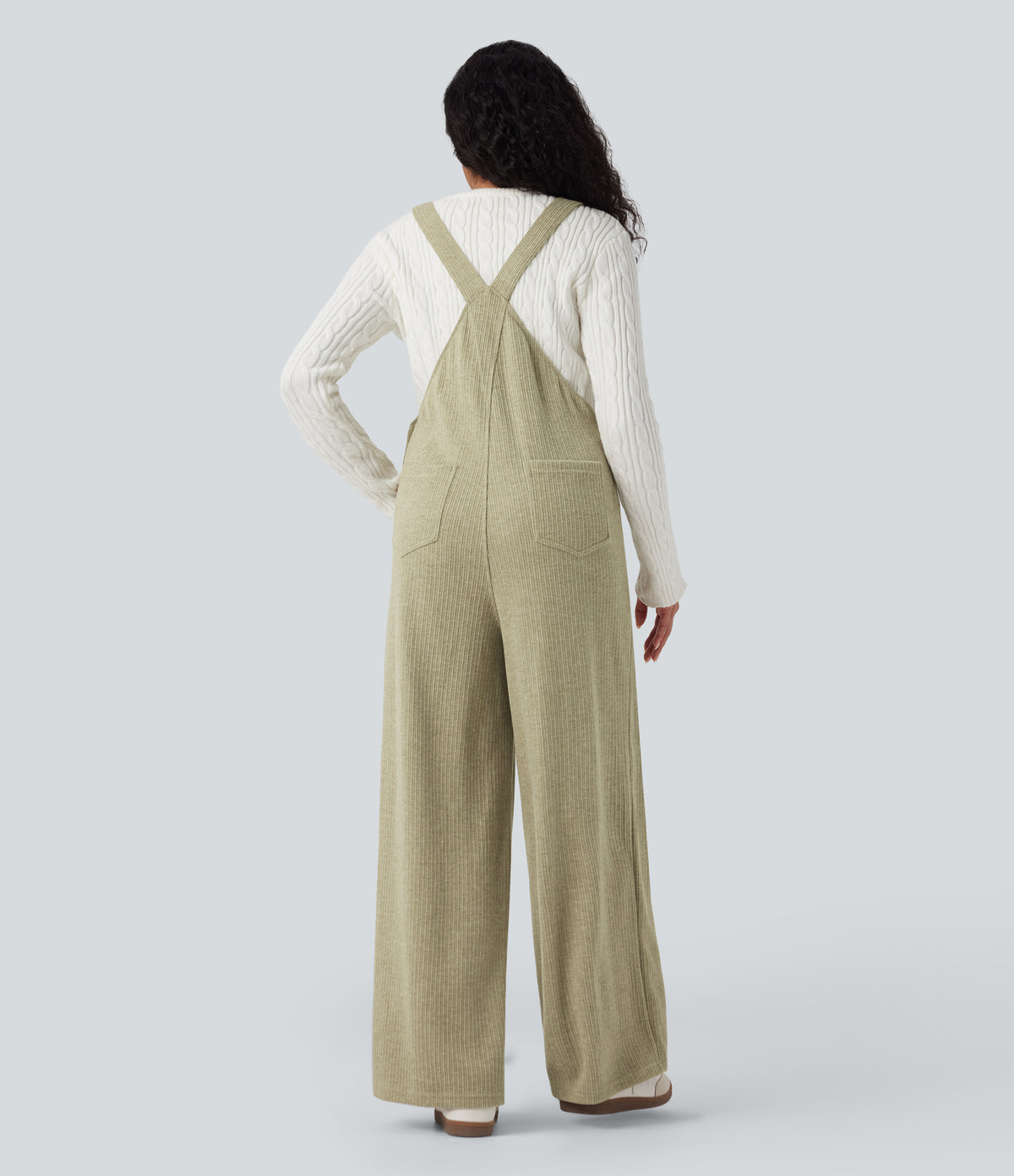 Ribbed Square Neck Fleece Casual Dungarees with Pockets — Gray Green — view 2