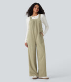Ribbed Square Neck Fleece Casual Dungarees with Pockets — Gray Green — view 1