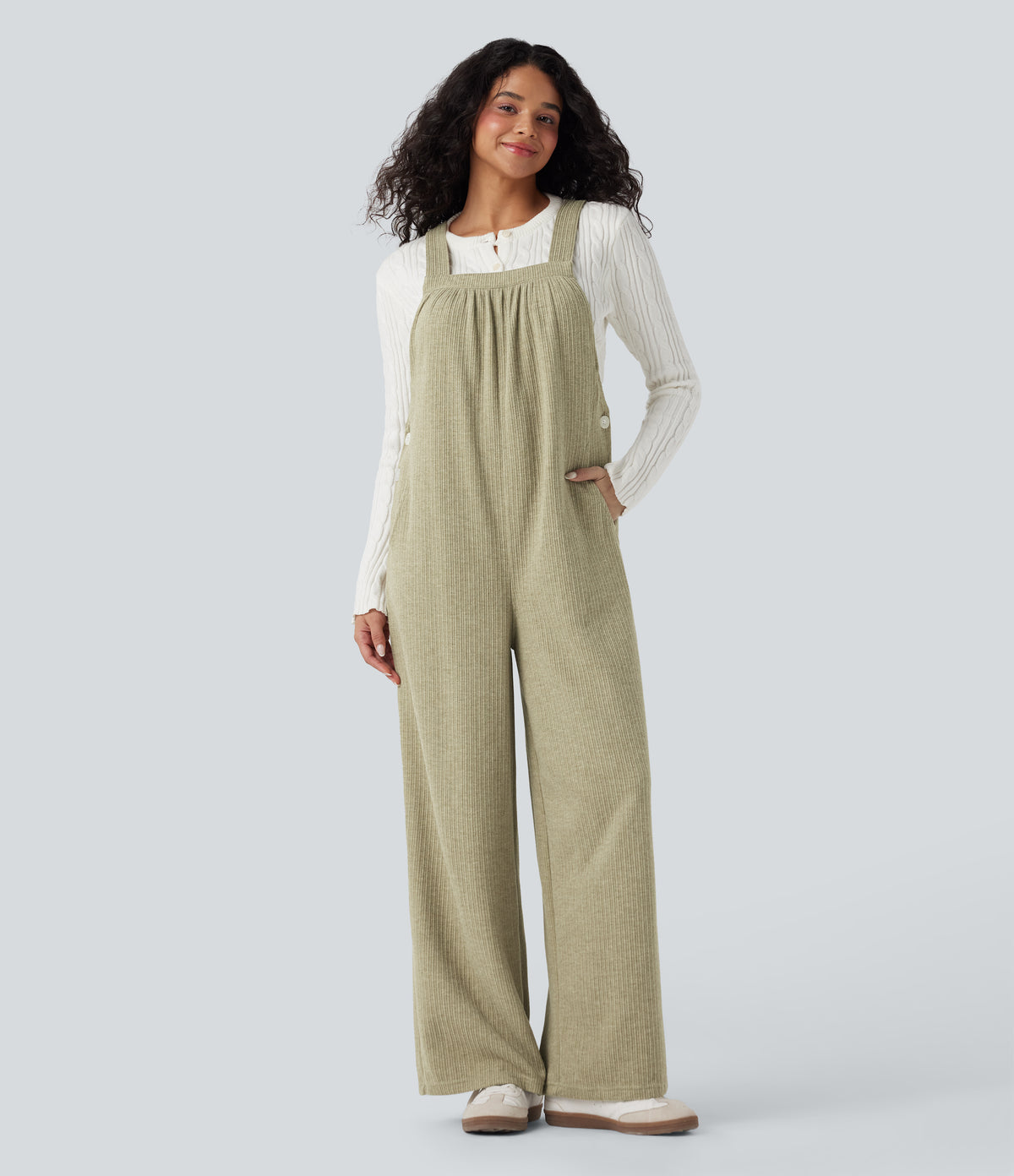 Ribbed Square Neck Fleece Casual Dungarees with Pockets — Gray Green — view 1