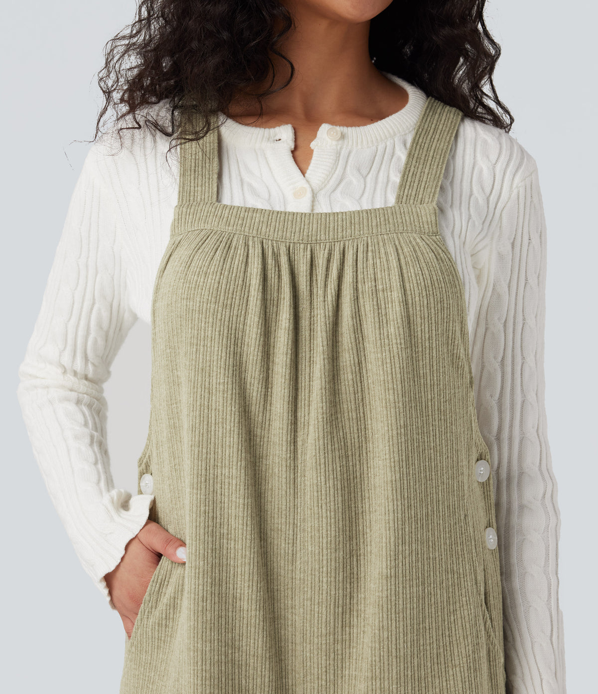 Ribbed Square Neck Fleece Casual Dungarees with Pockets — Gray Green — view 4