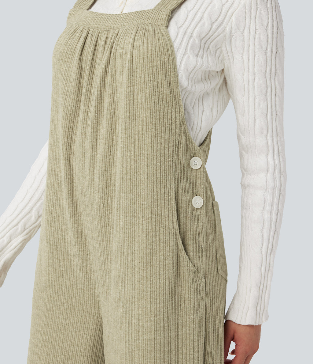 Ribbed Square Neck Fleece Casual Dungarees with Pockets — Gray Green — view 6